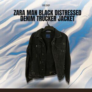 Zara Man Black Distressed Denim Trucker Jacket Size S Casual Wear